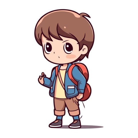 Cute little boy going to school with backpack. Vector illustrati