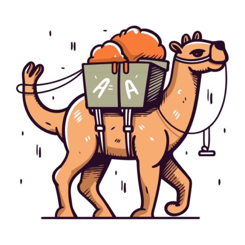 Camel with books. Vector illustration in doodle style.