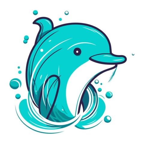 Cartoon dolphin in water. Vector illustration isolated on white