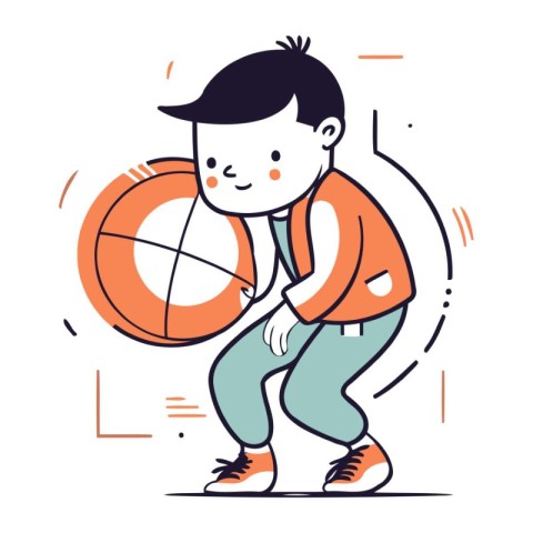 Cute little boy playing basketball. Vector illustration in line