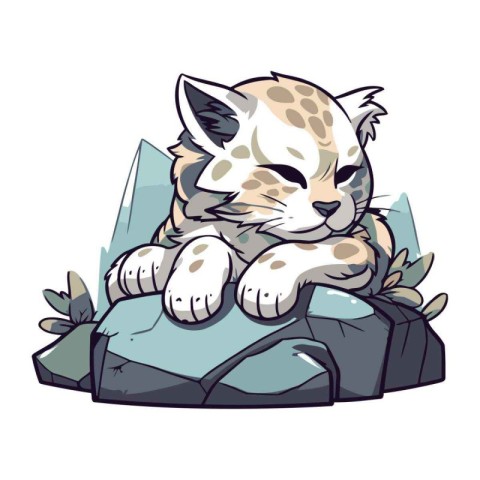 Cute cartoon lynx sitting on a rock. Vector illustration.