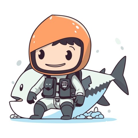 Illustration of a boy in an astronaut suit with a shark.