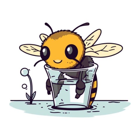 Cute cartoon bee in a bucket of water. Vector illustration.