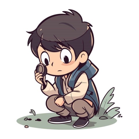 Boy using a magnifying glass to find something. Vector illustrat