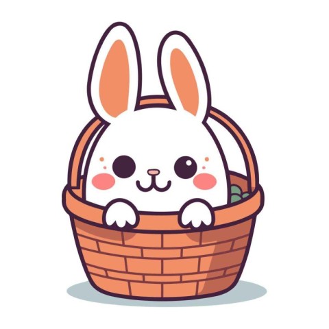 Cute bunny in a basket. Vector illustration on white background.