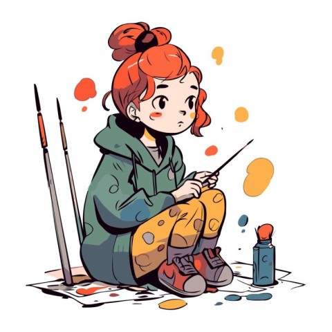 Vector illustration of a little girl painter sitting on the floo