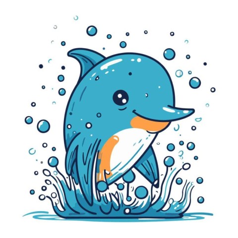 Cartoon dolphin in the water. Vector illustration. Isolated on w