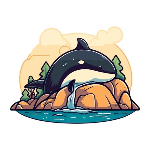 Cute cartoon killer whale on a rock in the ocean. Vector illustr