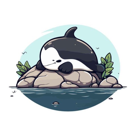 Cute cartoon killer whale sitting on a rock. Vector illustration