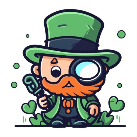 Leprechaun with magnifying glass. Vector illustration.