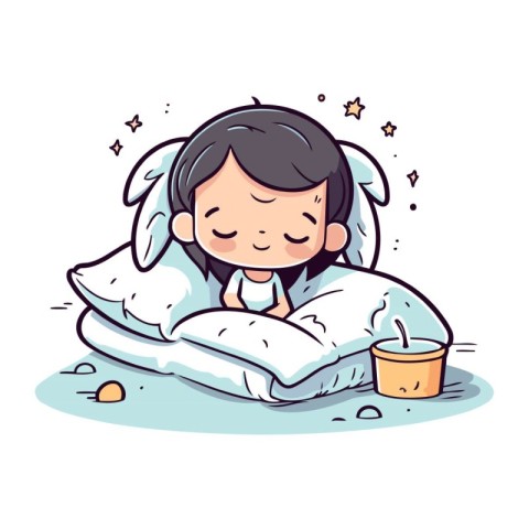 Cute little girl sleeping in the bed. Vector cartoon illustratio