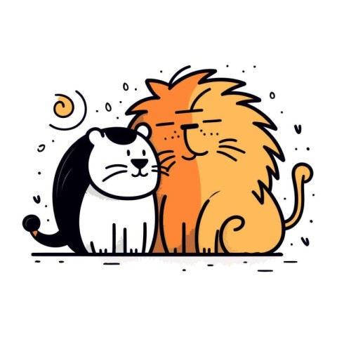 Lion and cat. Cute vector illustration in doodle style.