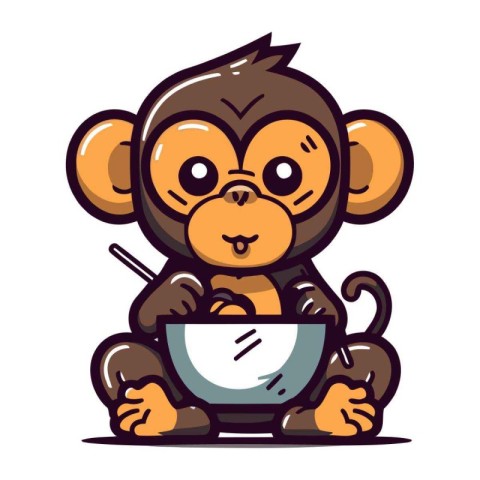 Cute cartoon monkey with a bowl of soup. Vector illustration.