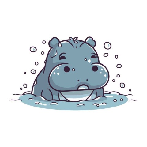 Cute cartoon hippopotamus in the water. Vector illustration.