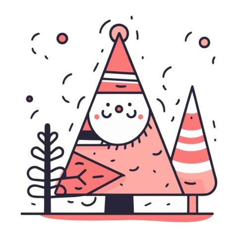 Cute funny christmas tree with hat and scarf. flat vector illust