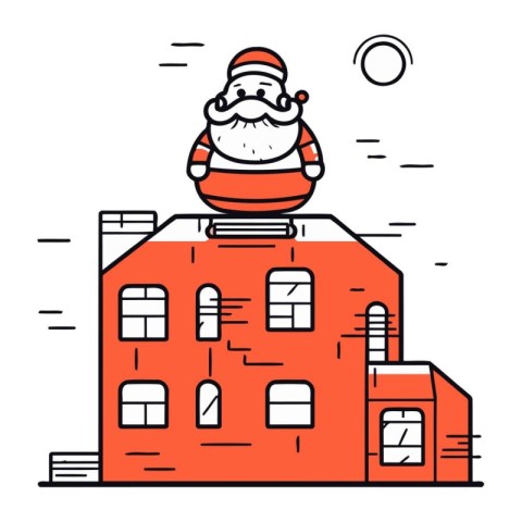 Santa Claus on the roof of the house. Vector illustration in lin