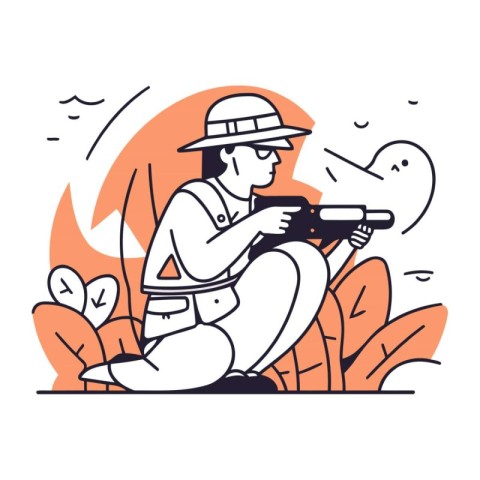 Man in hat aiming a gun at the camera. Vector illustration.