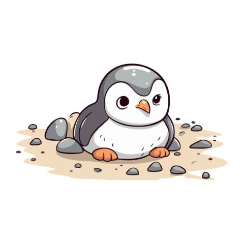 Cute penguin sitting on the ground. Cartoon vector illustration.