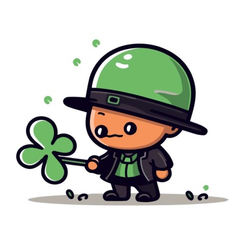 Cute Leprechaun Holding Clover   St. Patricks Day Cartoon Vector