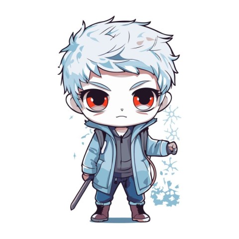 Cute cartoon boy in winter clothes with snowflakes. Vector illus