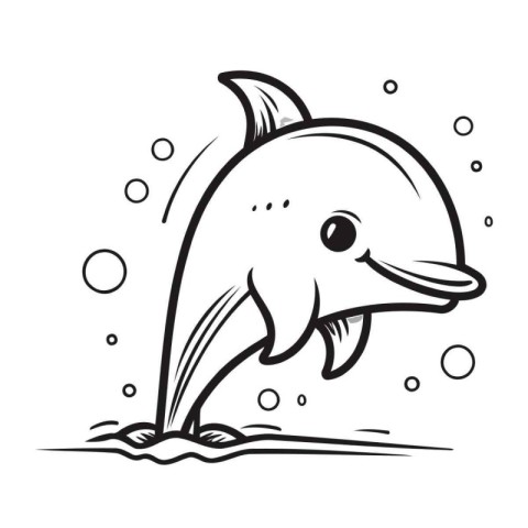 Dolphin jumping out of the water. Black and white vector illustr