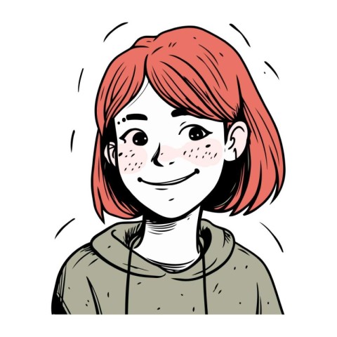 Red haired girl with freckles on her face. Vector illustration.