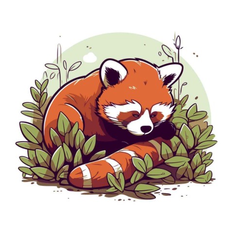 Cute red panda sleeping in the forest. Vector illustration.