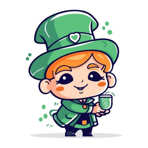 Cute cartoon leprechaun boy with cup. Vector illustration.