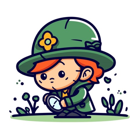 Cute little boy explorer in safari hat. Vector illustration.