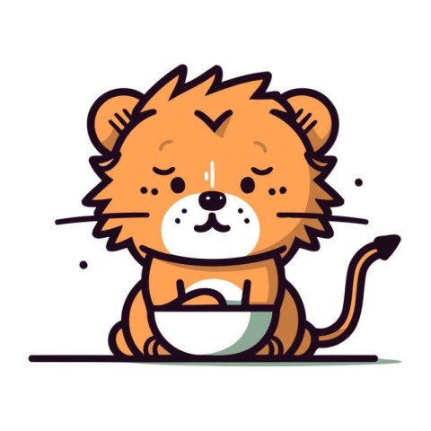 Cute little lion sitting and holding bowl of porridge. Vector il