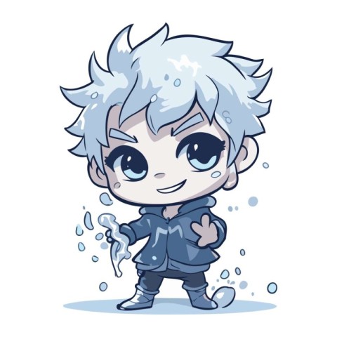 Cute cartoon little boy with blue hair and blue eyes. Vector ill