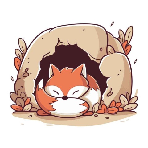 Cute fox in a cave. Vector illustration of a cartoon fox.