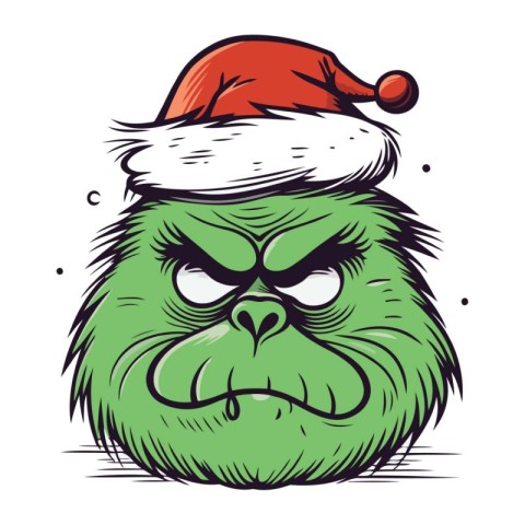 Angry gorilla in a Santa Claus hat. Vector illustration on white