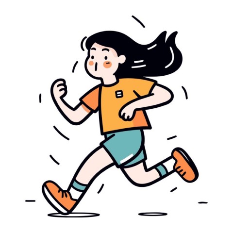 Running girl in orange t-shirt. shorts and sneakers. Vector illu