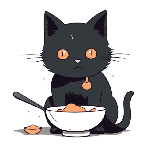 Cute black cat eating food from a bowl. Vector illustration.