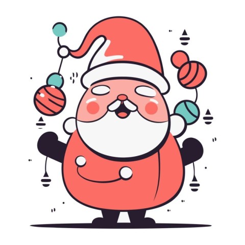 Cute cartoon santa claus with christmas balls. Vector illustrati