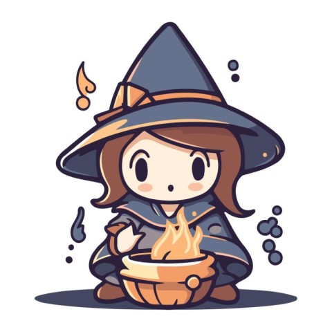 Cute cartoon witch with a bowl of fire. Vector illustration.