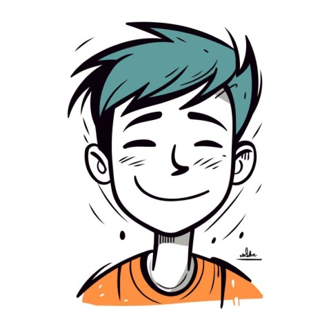 Vector illustration of a boy with blue hair in orange t shirt.