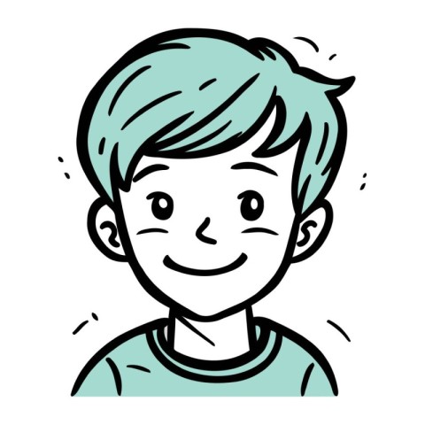 Illustration of a boy with blue hair smiling and looking at the