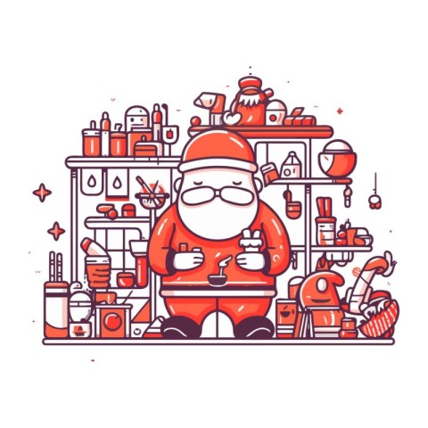 Santa Claus sitting in the kitchen. Christmas and New Year vecto