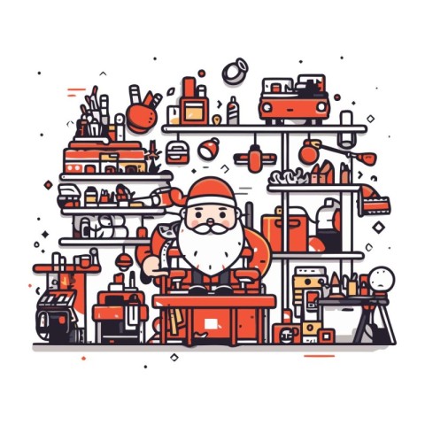 Santa Claus working in the repair shop. Vector line art illustra