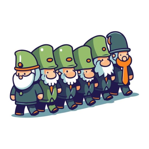 Cartoon gnomes standing in a row. Vector illustration on white b