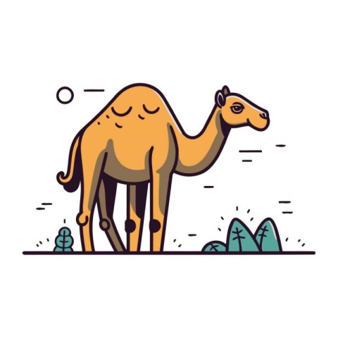 Camel flat line vector illustration. Cute cartoon camel standing