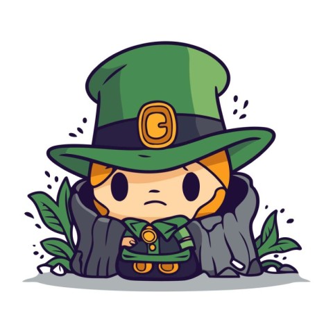 Leprechaun boy with green hat and backpack. Vector illustration.