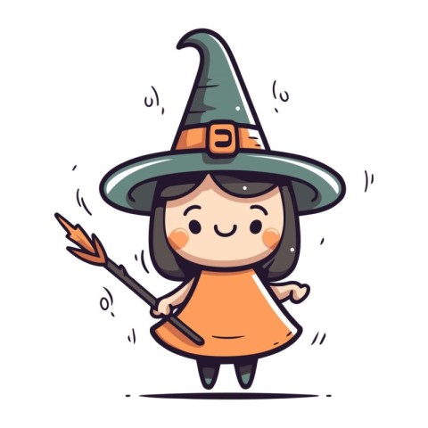 Cute girl in Halloween costume with broomstick. Vector illustrat