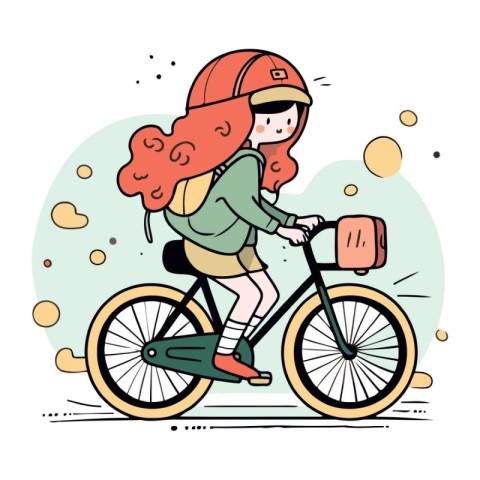 Young girl riding a bike. Vector illustration in a flat style.