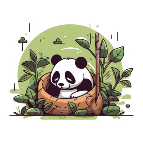 Cute panda bear sitting in a bamboo pot. Vector illustration.