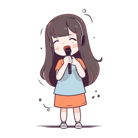 Cute little girl singing karaoke in microphone. Vector illustrat