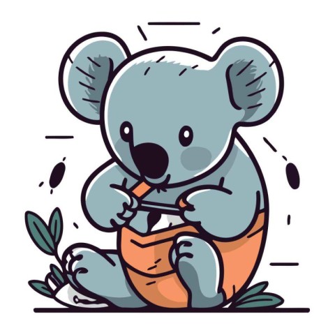 Cute koala with a carrot in his teeth. Vector illustration.