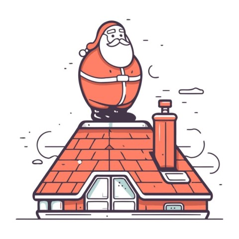 Santa Claus on the roof of the house. Vector illustration in lin